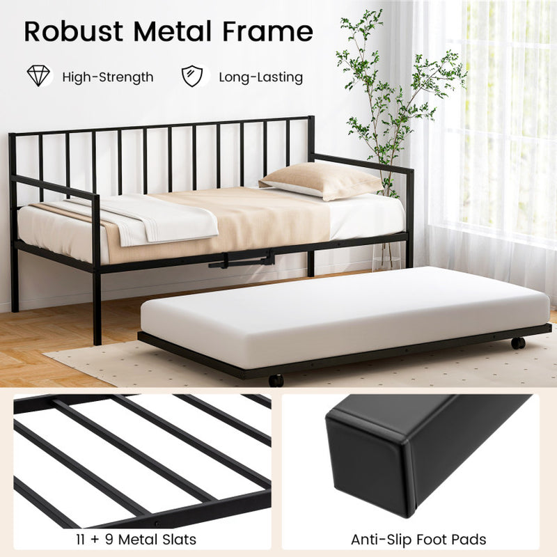Twin Daybed Set with Metal Slat Support and Roll-Out Trundle