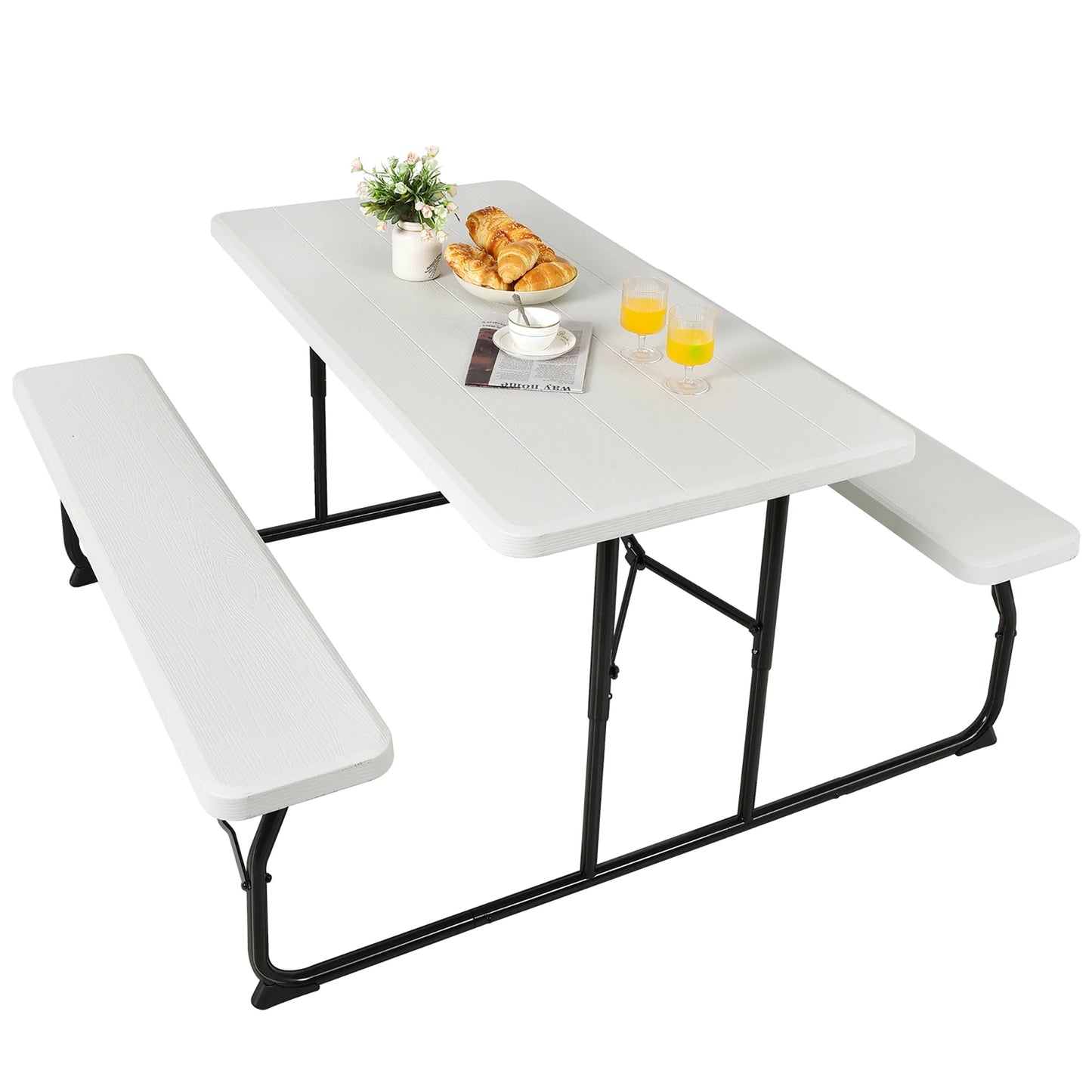 Folding Metal Picnic Table Set, White