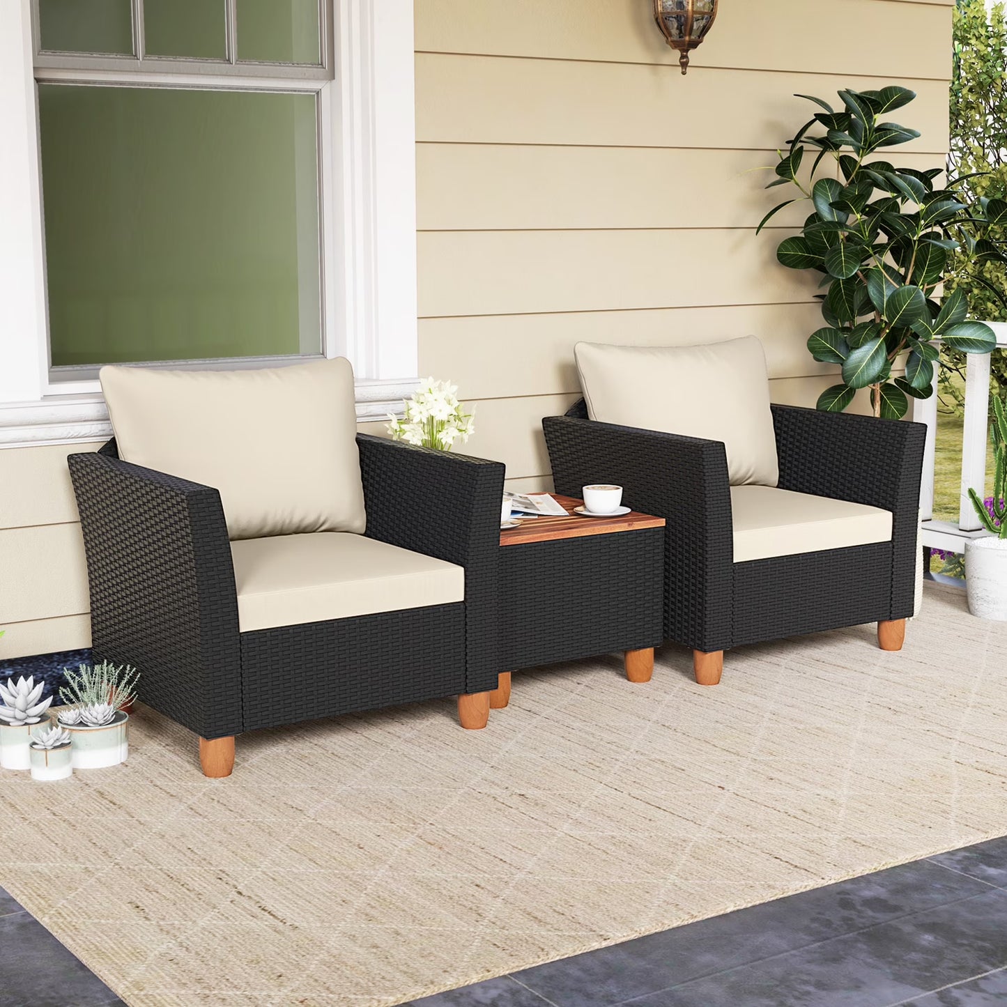 3PCS Outdoor Patio Rattan Furniture Set Wooden Table Cushioned Sofa Turquoise