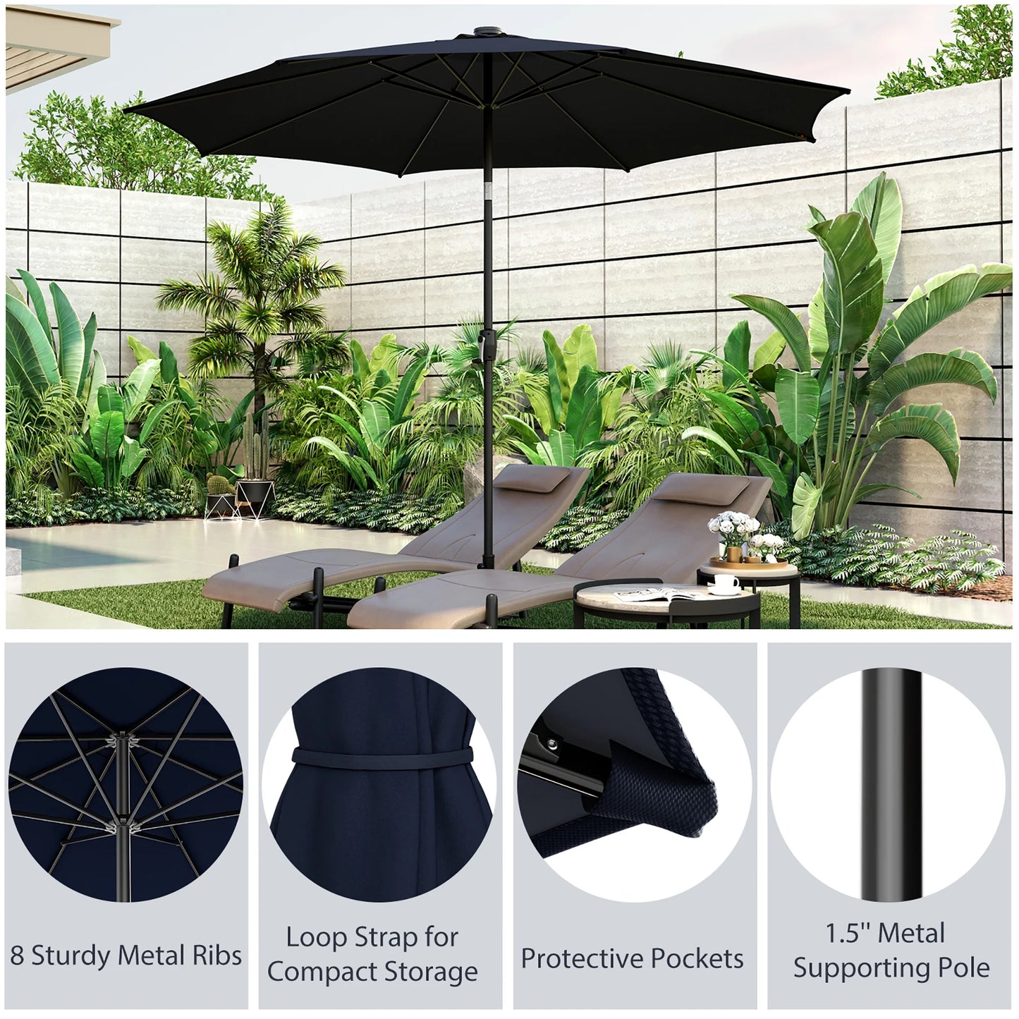 10' Navy round Market Patio Umbrellas, Solar Lighted