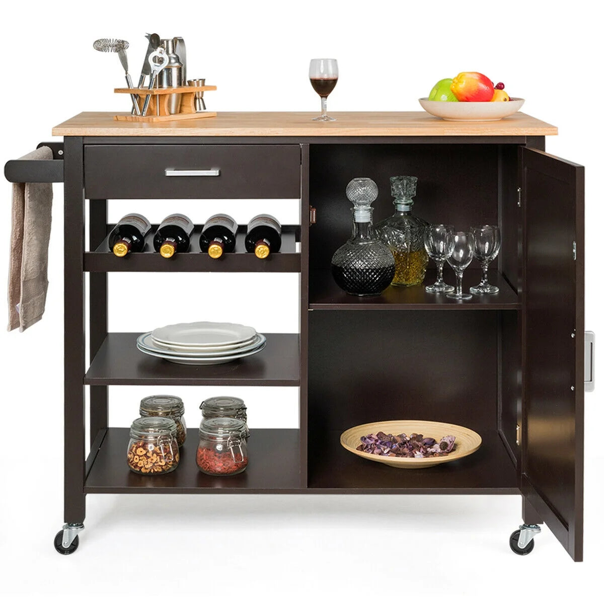 4-Tier Wood Kitchen Island Trolley Cart Storage Cabinet Brown