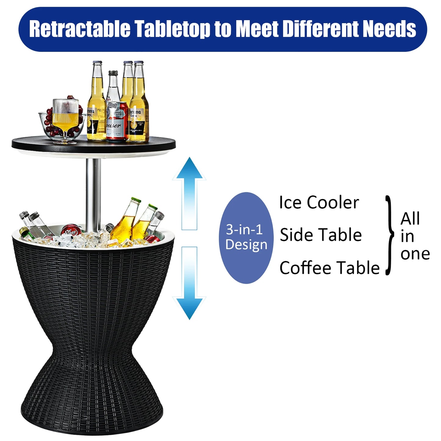 8 Gallon 3 in 1 Patio Rattan Cooler Bar Table Adjust Ice Bucket Black