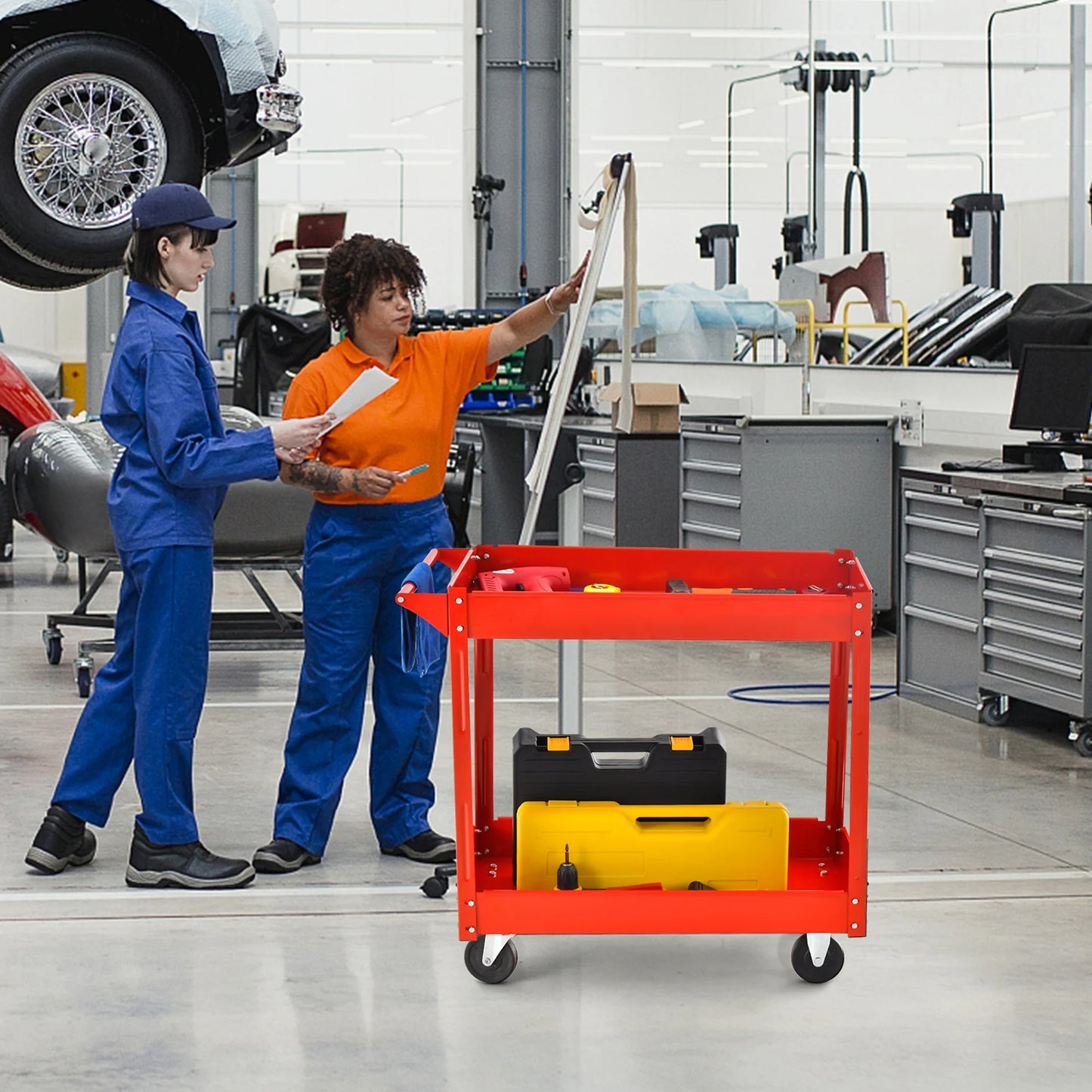 2-Tier Utility Cart Metal Service Cart Rolling Tool Storage Organizer with Handle Red