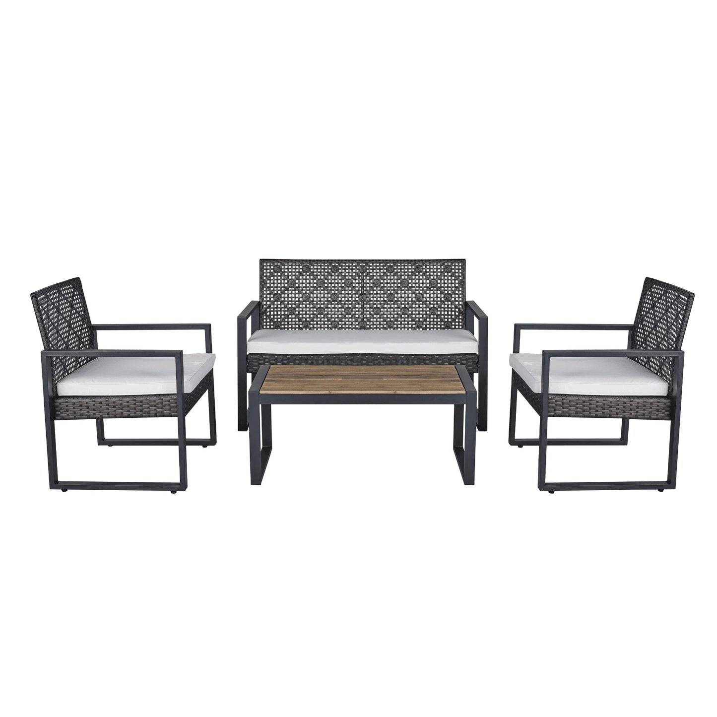 4-Piece Patio Seating Set, Patio Furniture Set, Patio Furniture Set, Wicker Garden Furniture with Wood Table and Legs, PE Rattan Outdoor Sofa Set for Balcony, Beige
