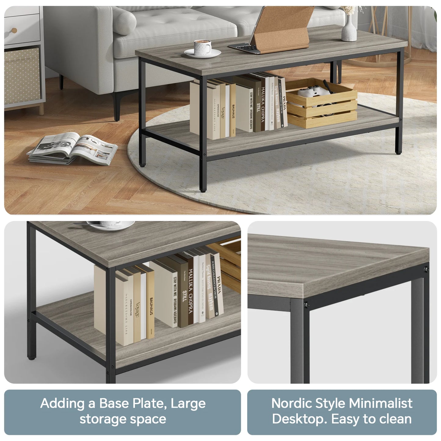 3-Piece Coffee Table Set for Living Room, End Table Set with Storage, Includes 1 Coffee Table and 2 End Tables, Rock Gray