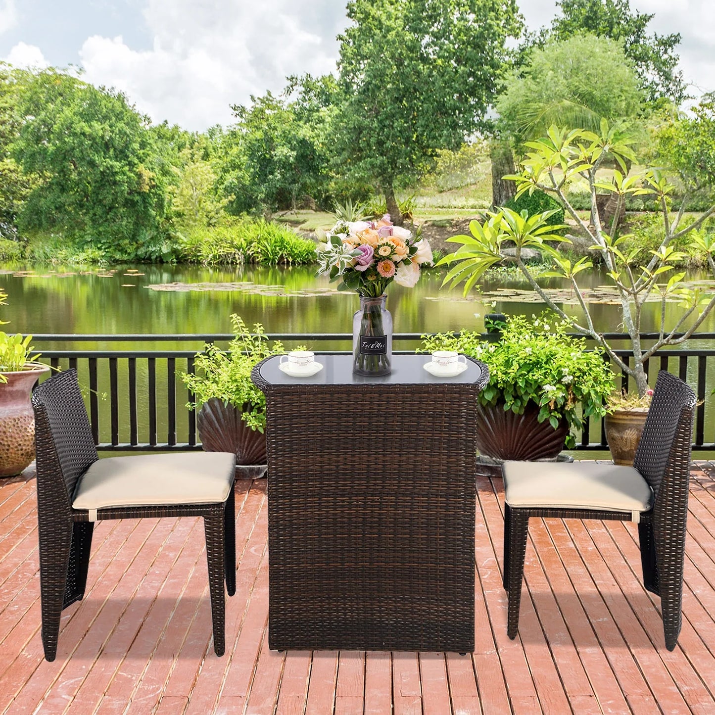 3 PCS Cushioned Outdoor Wicker Patio Set Garden Lawn Sofa Furniture Seat Brown No Assembly