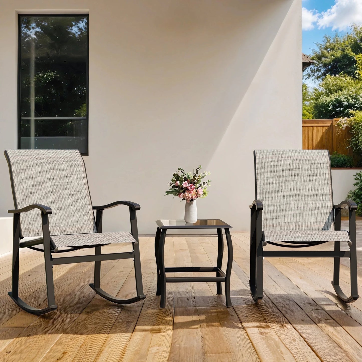 3 Pieces Rocking Bistro Patio Furniture Rocker Set with 2 Outdoor Rocking Chairs and 1 Glass Coffee Table for Porch Deck Lawn,Deep Blue