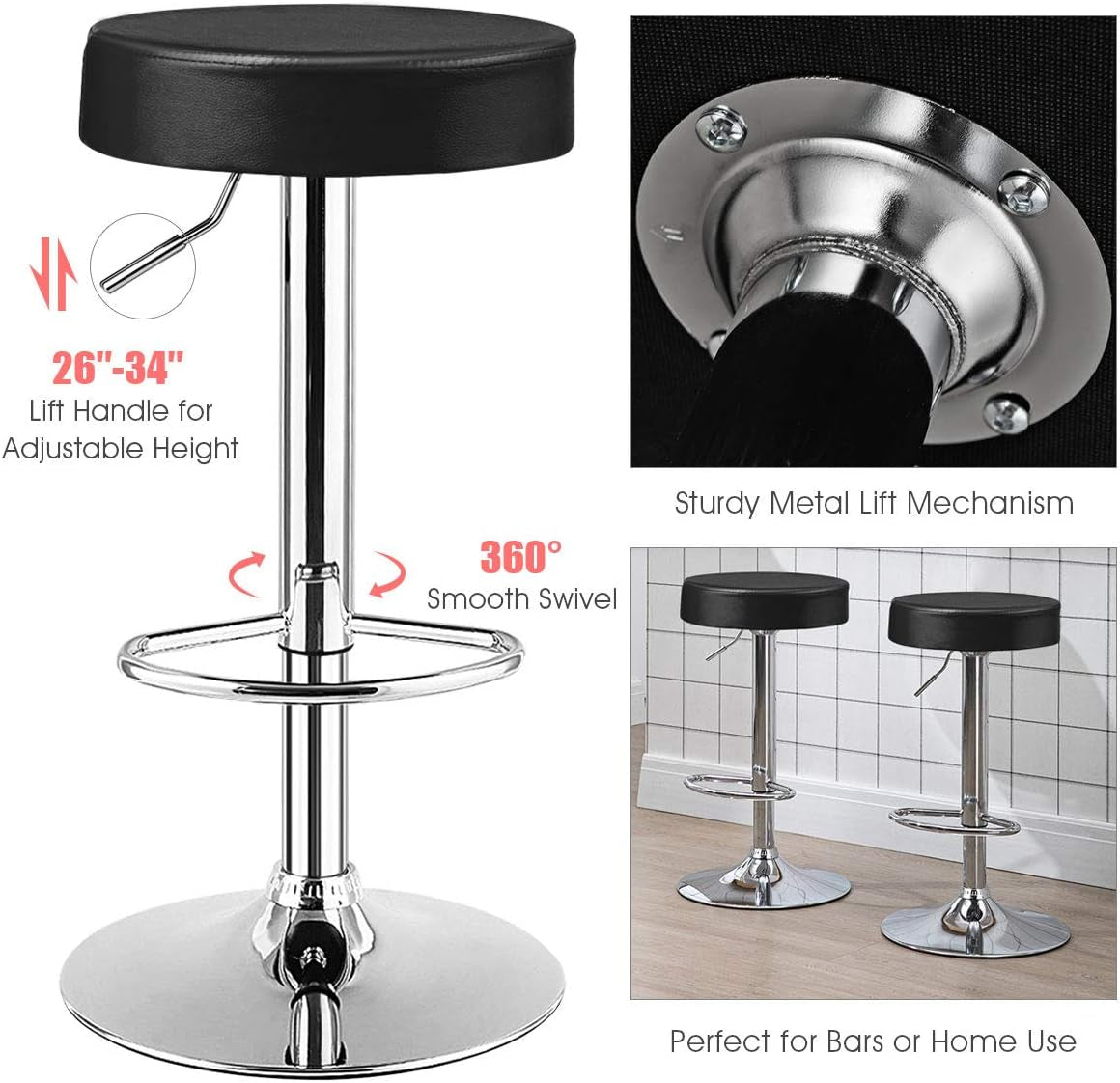 Bar Stool, Modern Swivel Backless round Barstool, PU Leather Armless Bar Chair with Height Adjustable, Chrome Footrest, Sturdy Metal Frame for Kitchen Dining Living Bistro Pub (Black, 1 Pc)