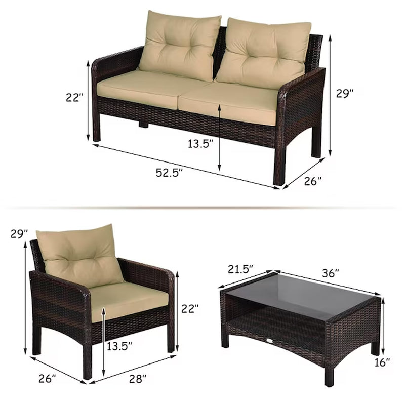 Rattan Outdoor Sofa with Brown Cushions and Steel Frame