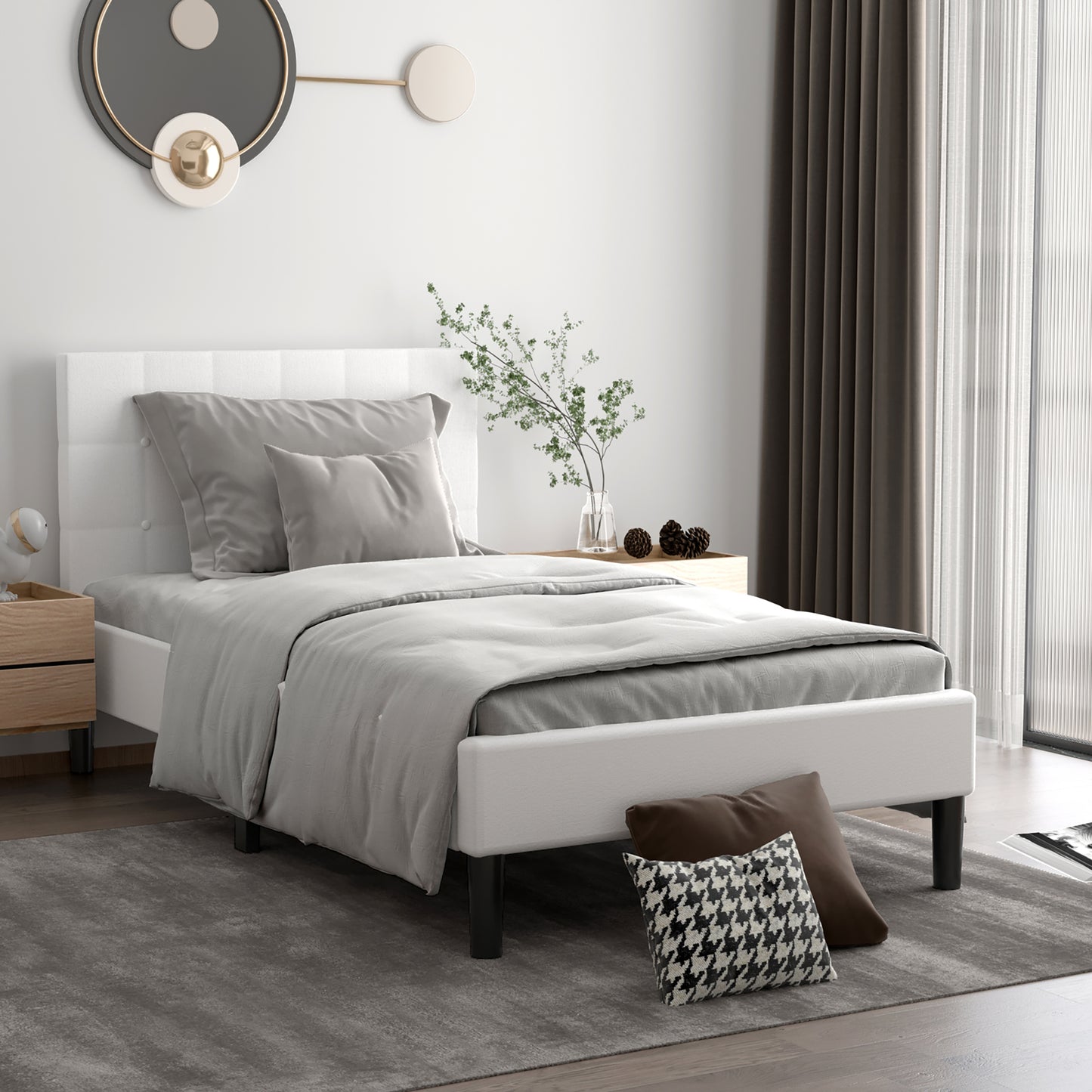Twin Upholstered Bed Frame Button Tufted Headboard Mattress Foundation Beige