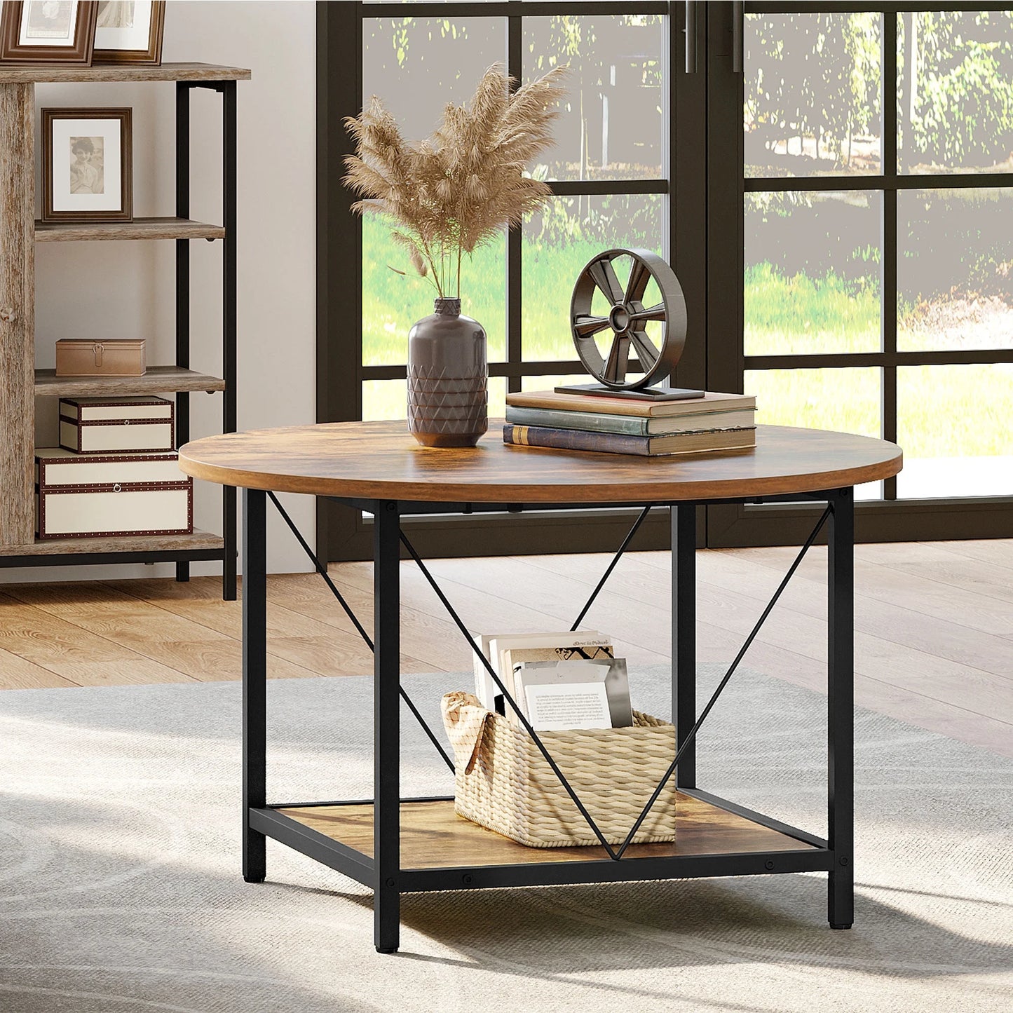 round Coffee Table with Storage, Rustic Living Room Tables with Sturdy Metal Legs, Brown