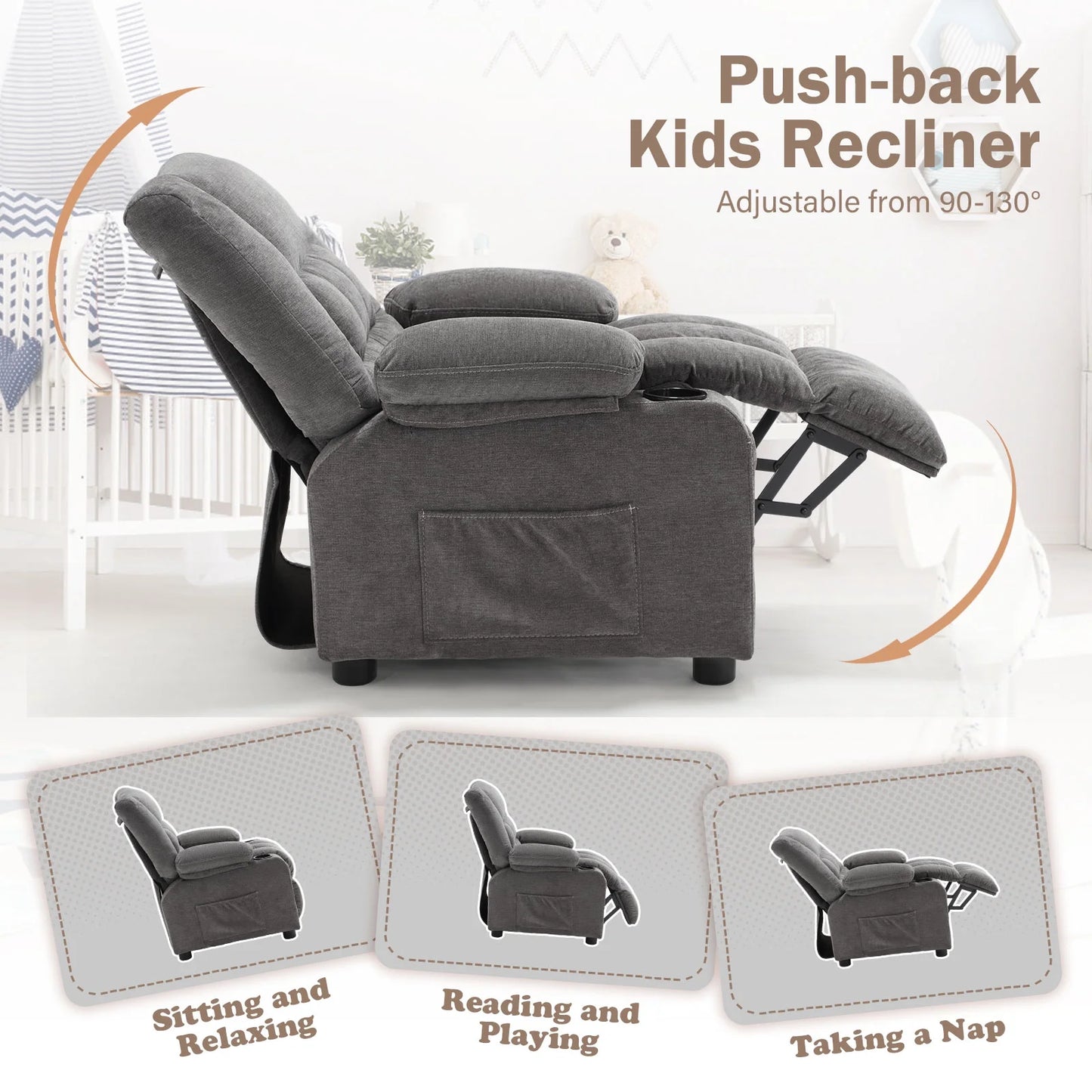 Kids Recliner Chair,Push Back Toddler Recliner with Cup Holders & Side Pockets,Adjustable Footrest & Headrest Kids Sofa for Boys Girls 3+ Age Group, Grey