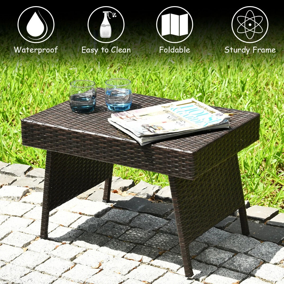 Patio Folding Wicker Side Coffee Table Poolside Garden Lawn Bistro Furniture