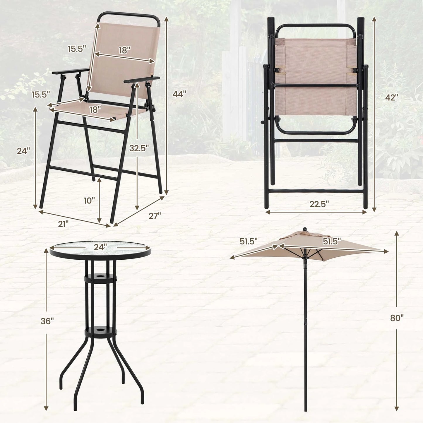 4PCS Patio Bistro Set Folding Counter Height Chairs round Bar Table& Umbrella