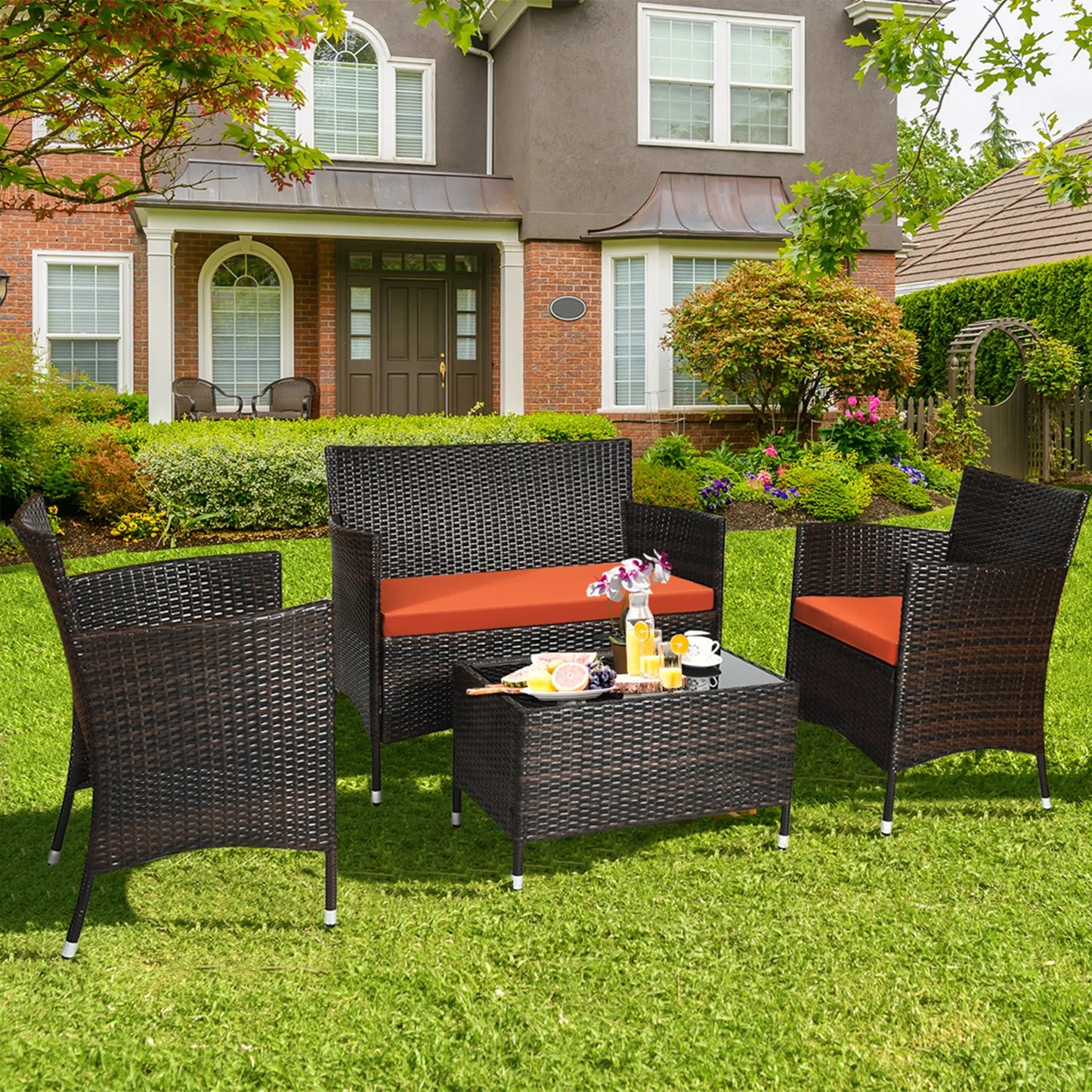 4PCS Rattan Patio Furniture Set Cushioned Sofa Chair Coffee Table Navy