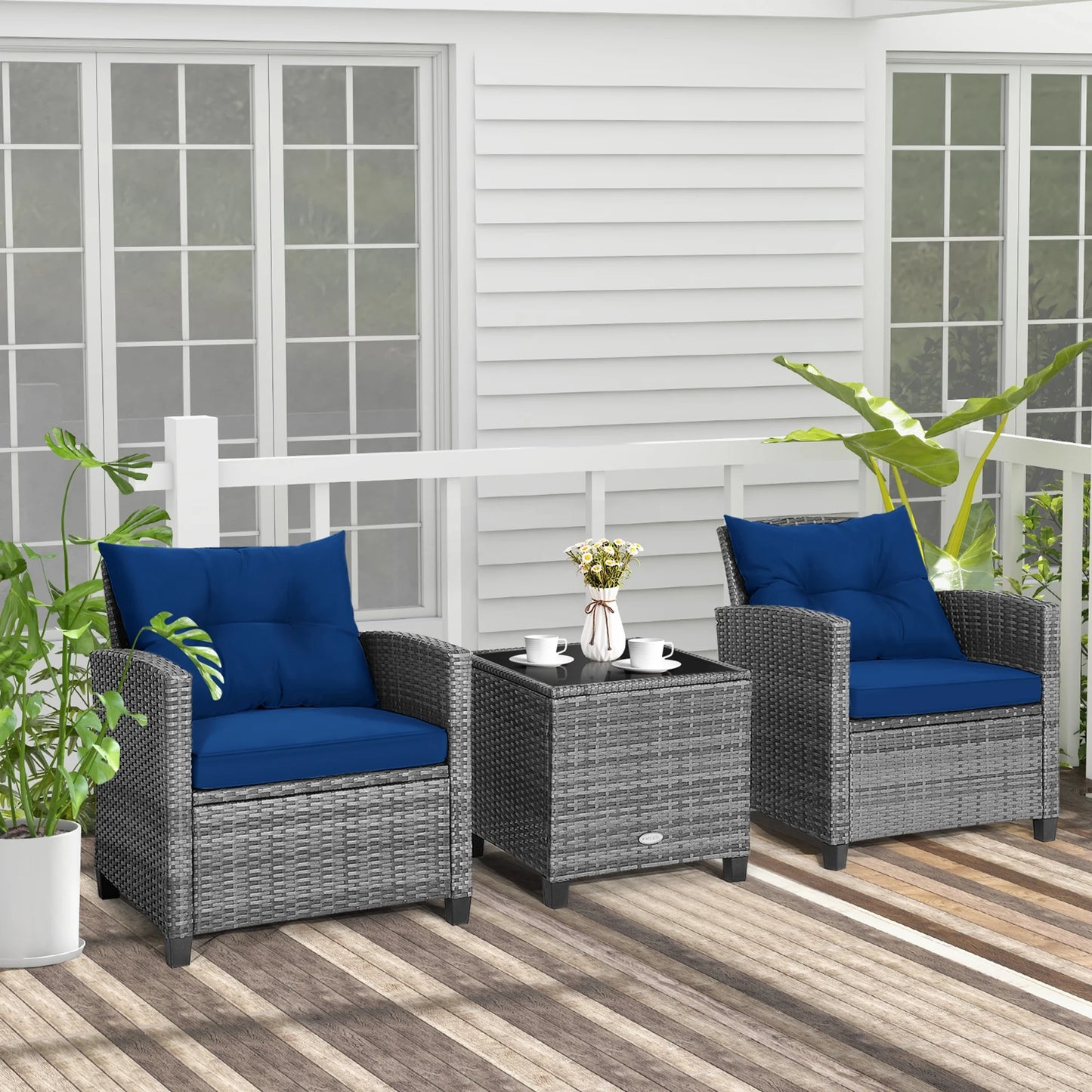 3PCS Patio Rattan Furniture Bistro Set Cushioned Sofas Side Table Armrest Navy
