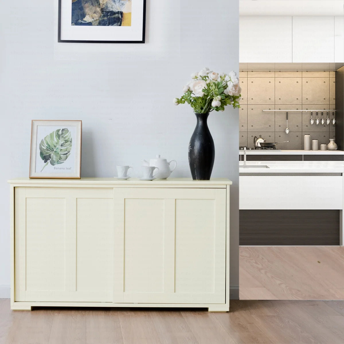 Kitchen Storage Cabinet Sideboard Buffet Cupboard Wood Sliding Door Pantry White