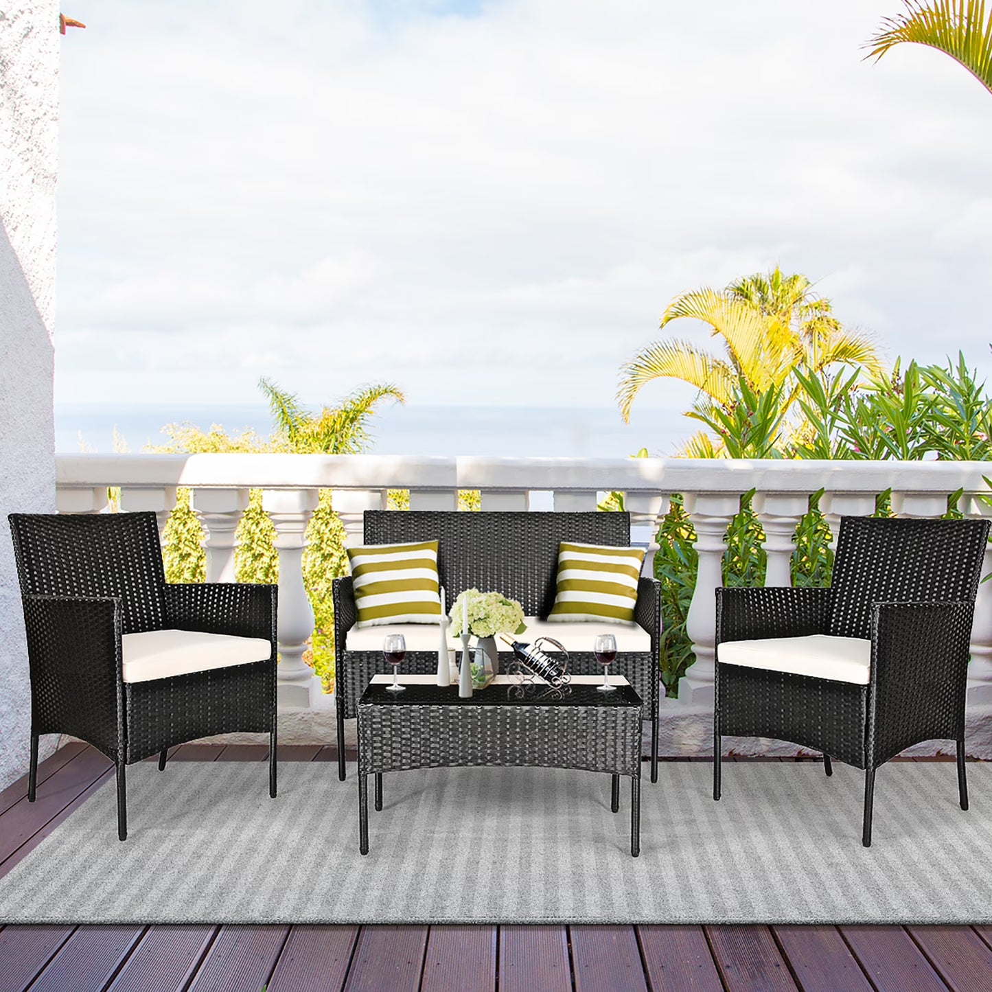 4PCS Patio Rattan Furniture Set Cushioned Sofa Coffee Table Backyard Porch Red