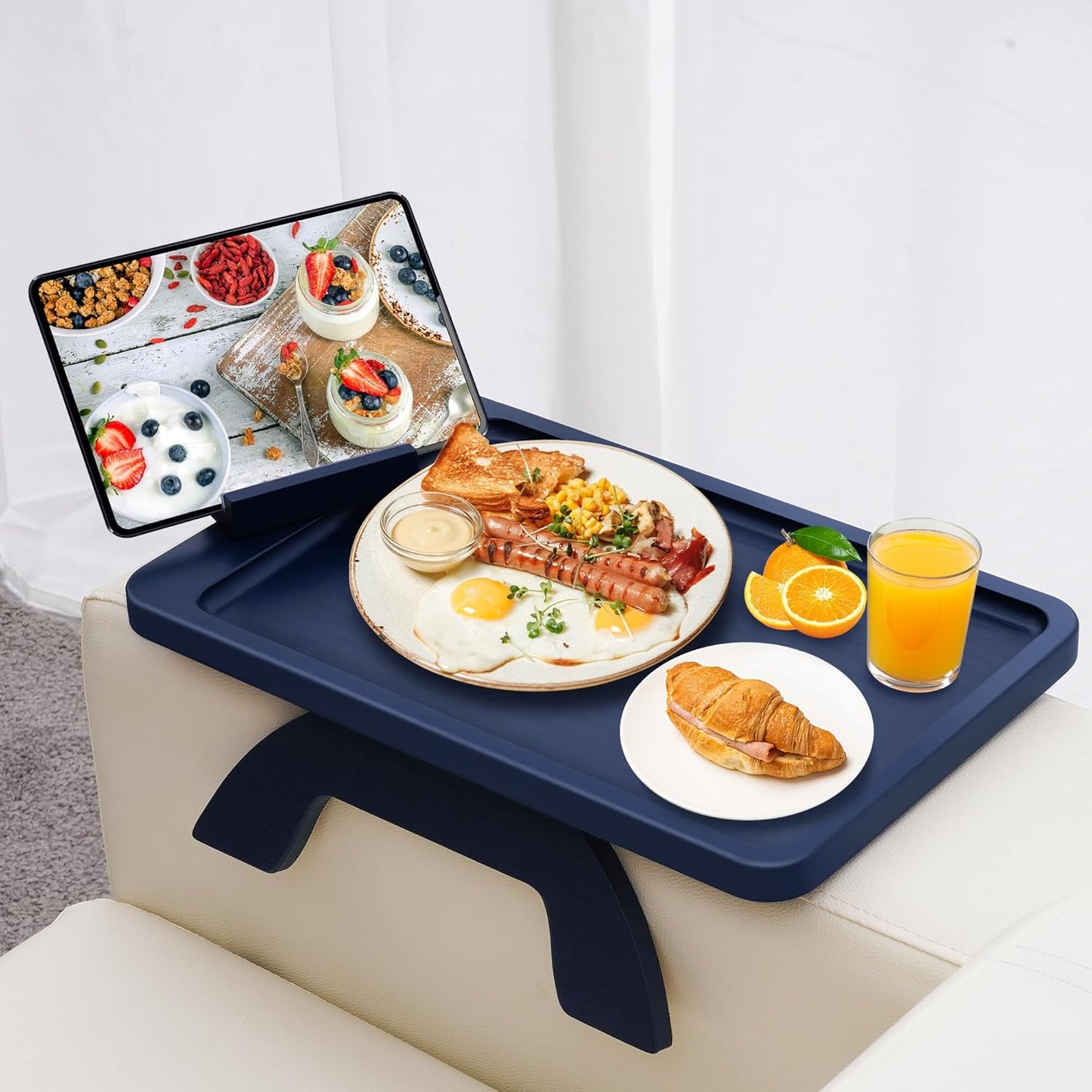 Couch Arm Table, Bamboo Sofa Clip on Tray Tables,Sofa Armrest Tray with 360° Phone Holder,Couch Armrest Table for Eating and Drinking