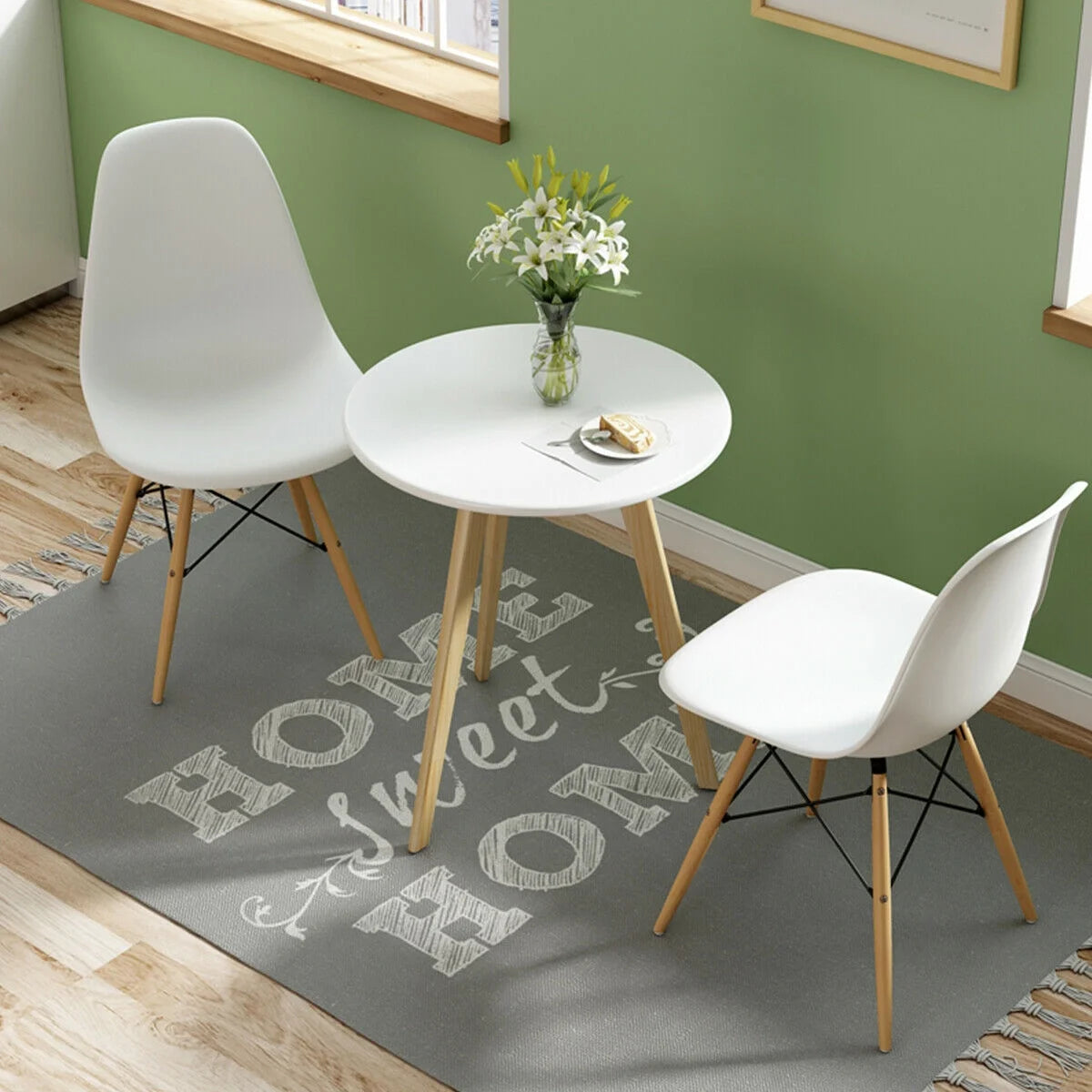 Set of 2 Mid Century Modern Style Dining Side Chair Wood Leg White