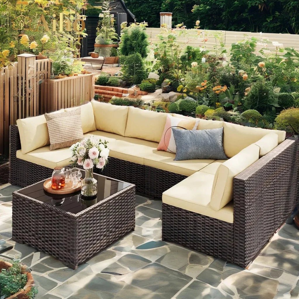 7 Piece Patio Furniture Sets, Outdoor Sectional Sofa with Glass Coffee Table & Cushions for Patio - Beige