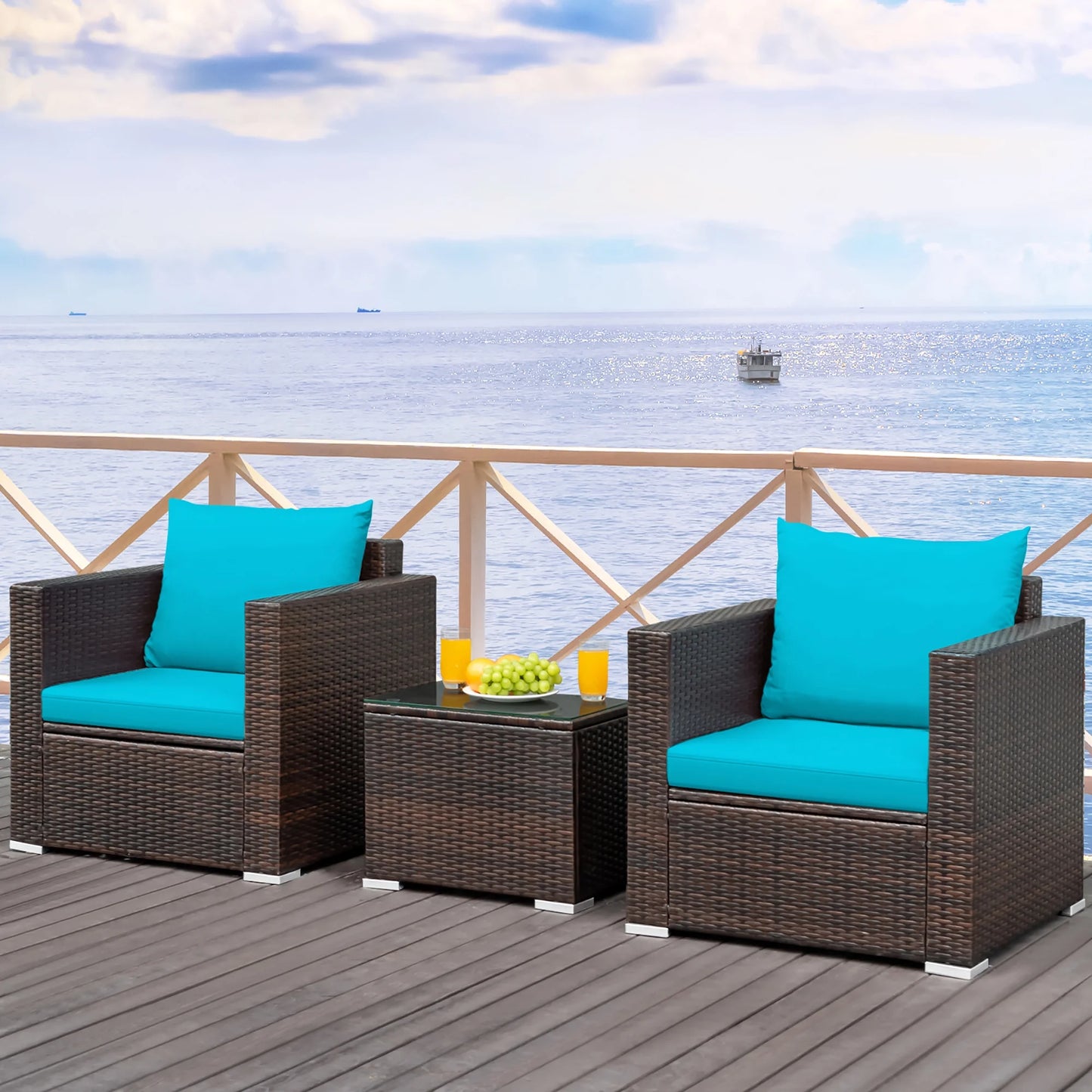 3PCS Patio Rattan Furniture Set Conversation Sofa Cushioned Garden Red
