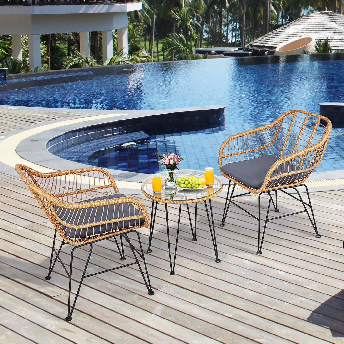 3PCS Patio Rattan Bistro Furniture Set Cushioned Chair Table Grey