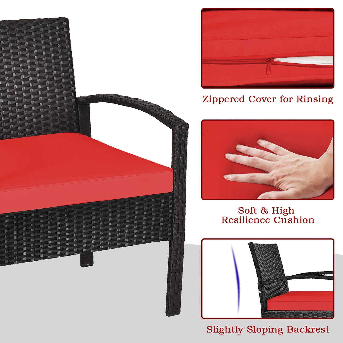 3PCS Patio Rattan Furniture Set Storage Table Cushioned Sofa Deck Red