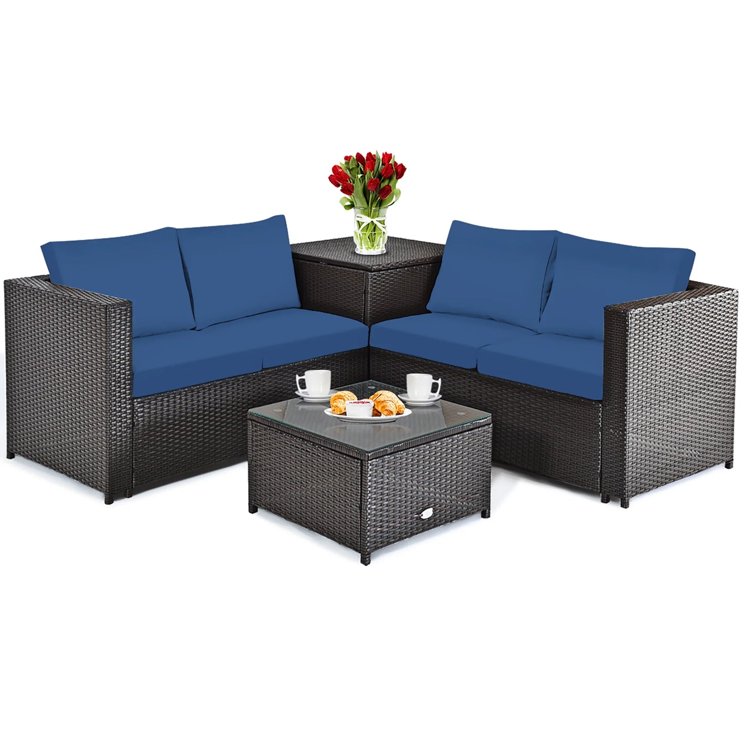 4PCS Patio Rattan Furniture Set Cushioned Loveseat Storage Table Navy