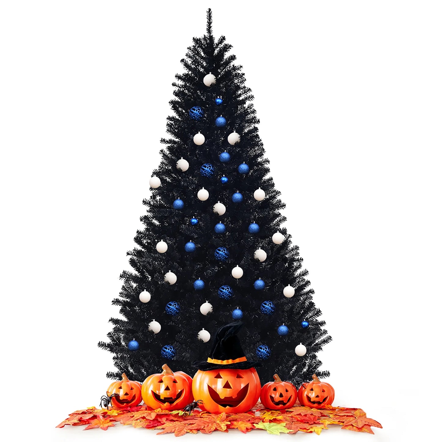 7.5Ft Hinged Artificial Christmas Tree Full Tree W/ Metal Stand Black