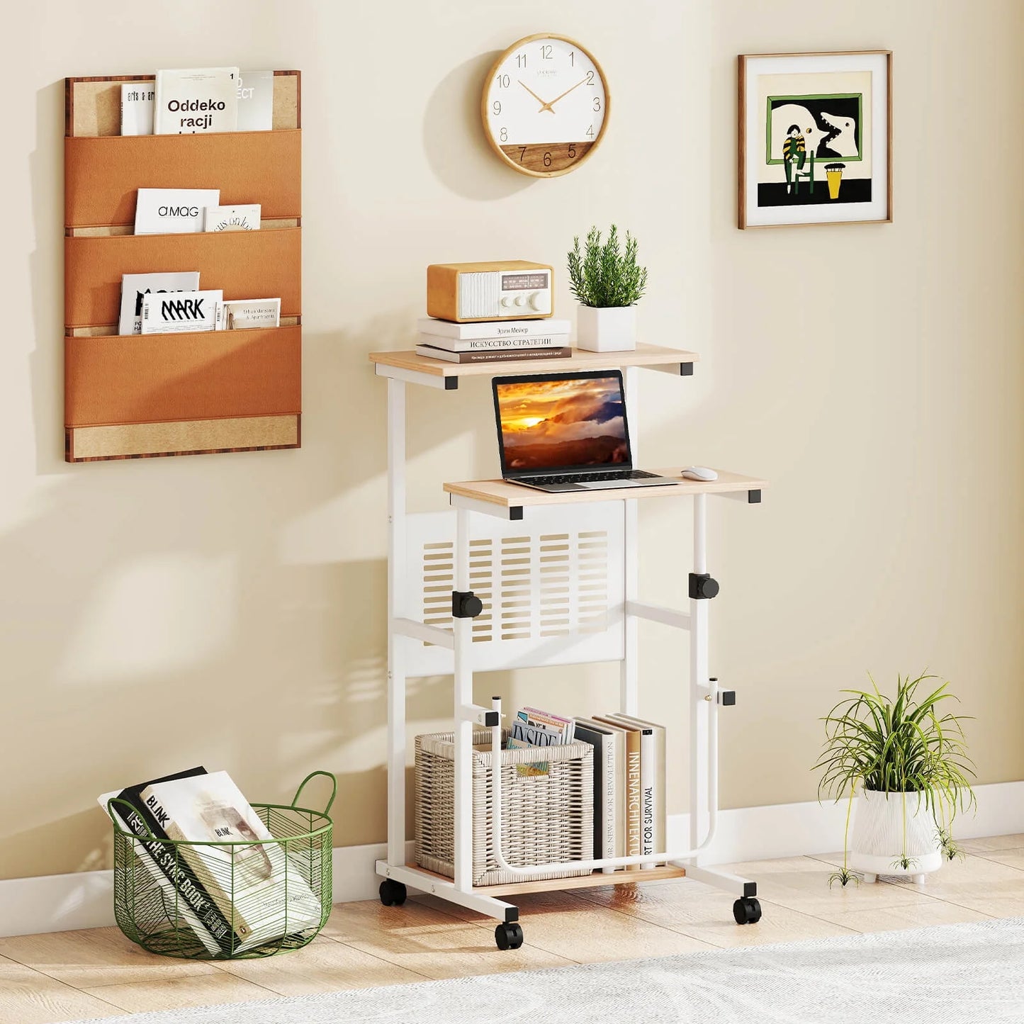 Adjustable Standing Desk with Footrest Mesh Panel Lockable Wheels Sit Home Office