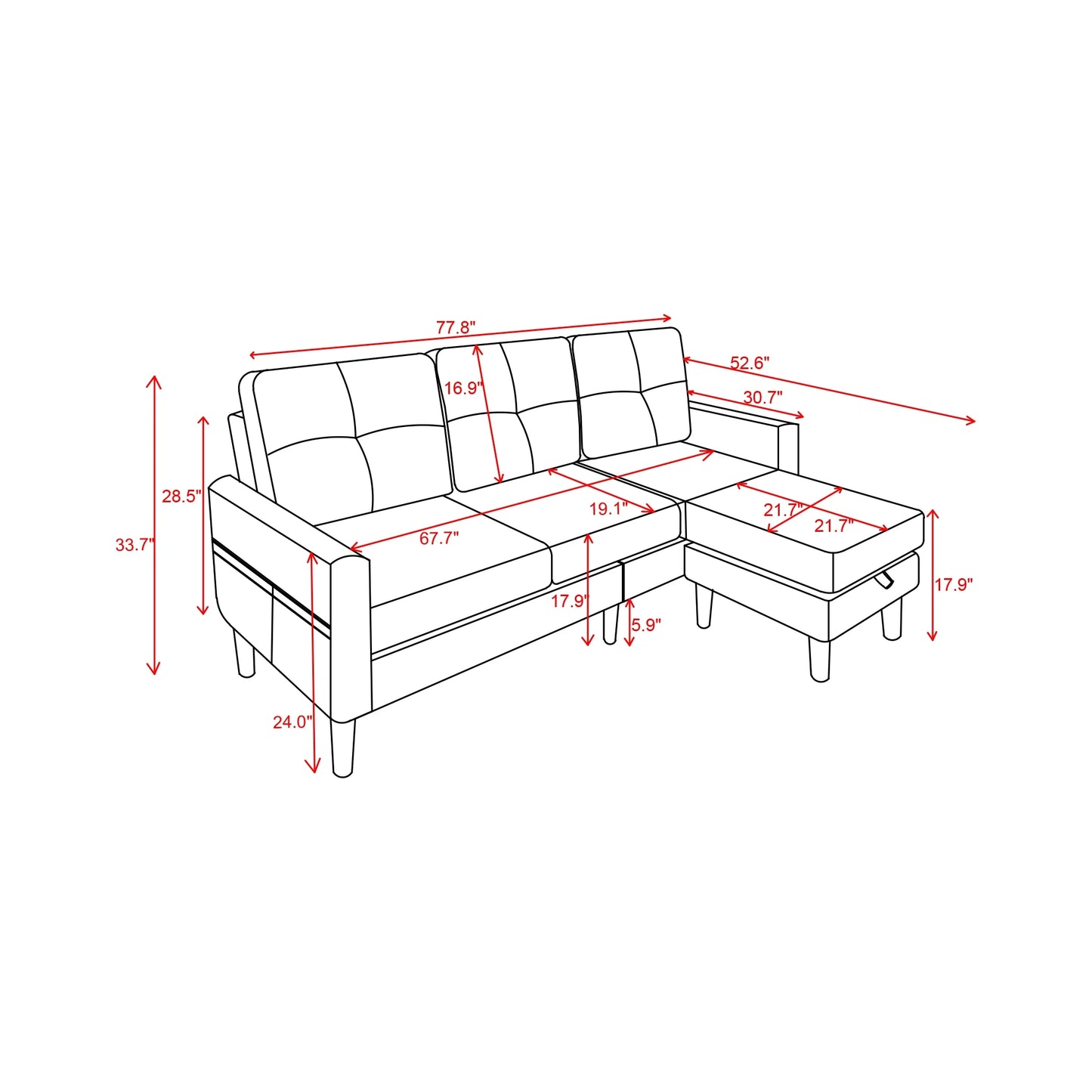 78" Convertible Sectional Sofa Couch L Shaped Couch Sofa for Living Room,Small 3 Seater Sofa Couch with Storage Ottoman and Side Pockets(Light Gray)