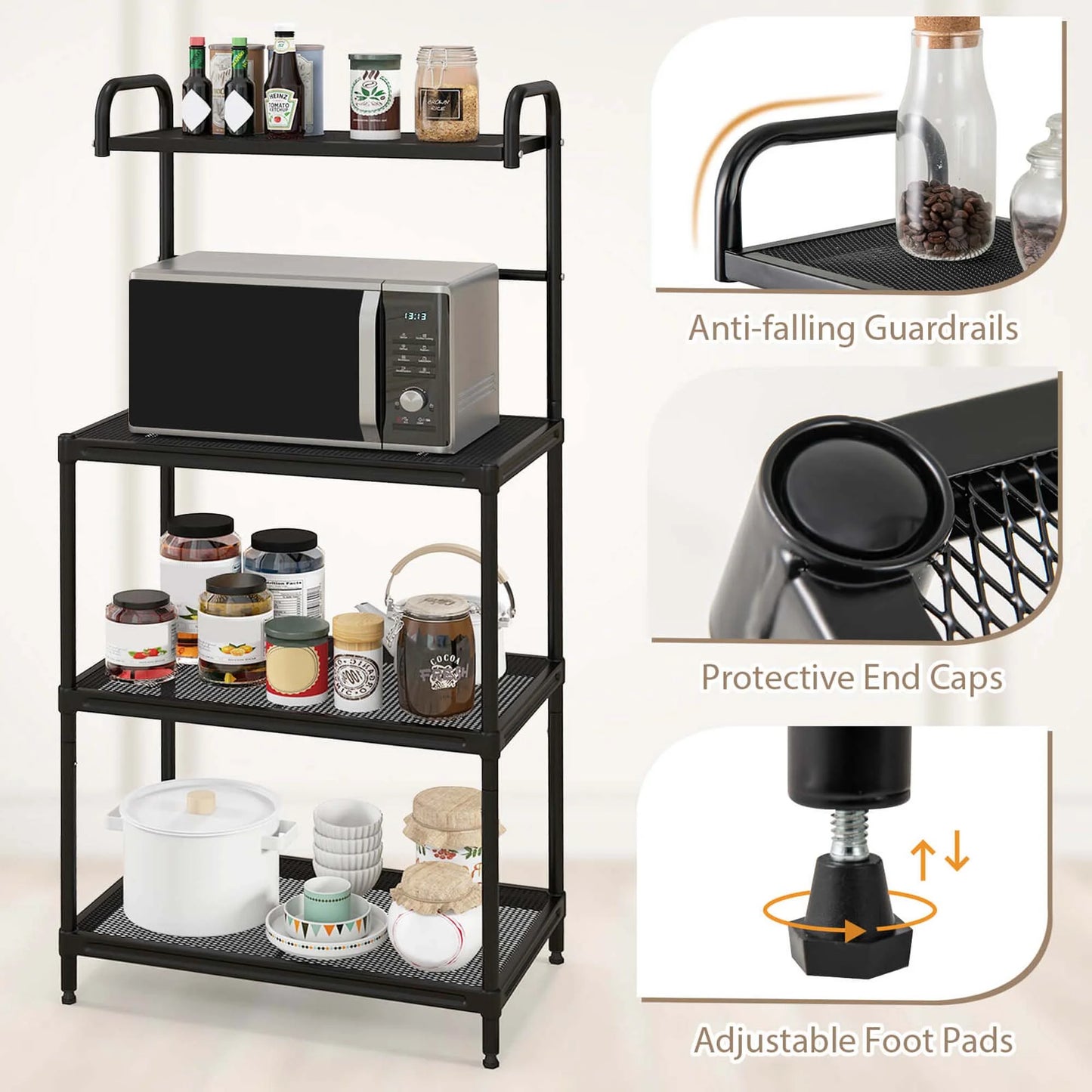 4-Tier Baker'S Rack Microwave Oven Rack Shelves Kitchen Storage Organizer Black