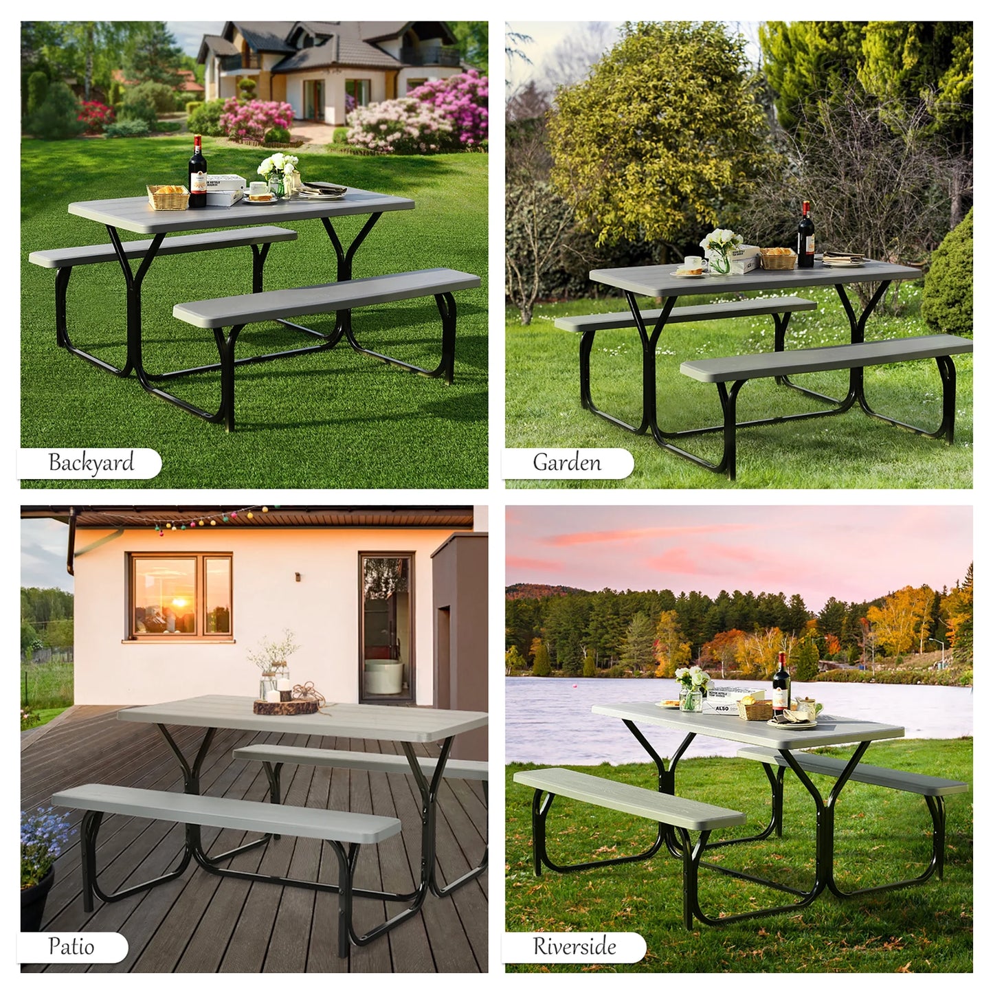 Gray Rectangle Metal Picnic Table Bench Set with Extension