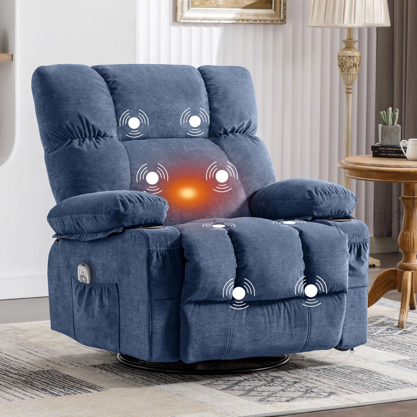 Massage Swivel Rocker Recliner Chair with Vibration Massage and Heat Ergonomic Lounge Chair for Living Room with Rocking Function and Side Pocket, 2 Cup Holders, USB Charge Port,Brown