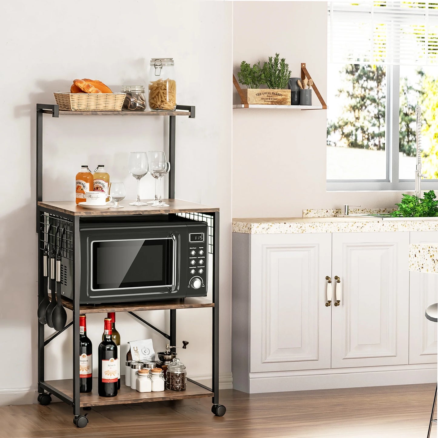 4-Tier Rolling Bakers Rack Industrial Utility Microwave Oven Stand Cart W/ Hooks