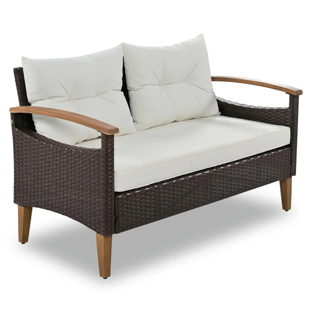 4-Piece Patio Seating Set, Patio Furniture Set, Patio Furniture Set, Wicker Garden Furniture with Wood Table and Legs, PE Rattan Outdoor Sofa Set for Balcony, Beige
