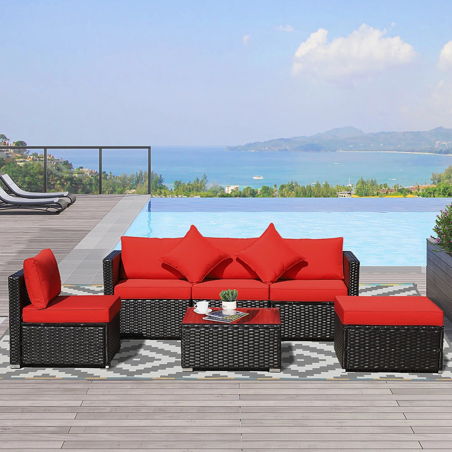 6 Pieces Patio Furniture Sets Outdoor Wicker All Weather PE Rattan Sectional Sofa Set with Ottoman, Cushions & Tempered Glass Desktop, Gray
