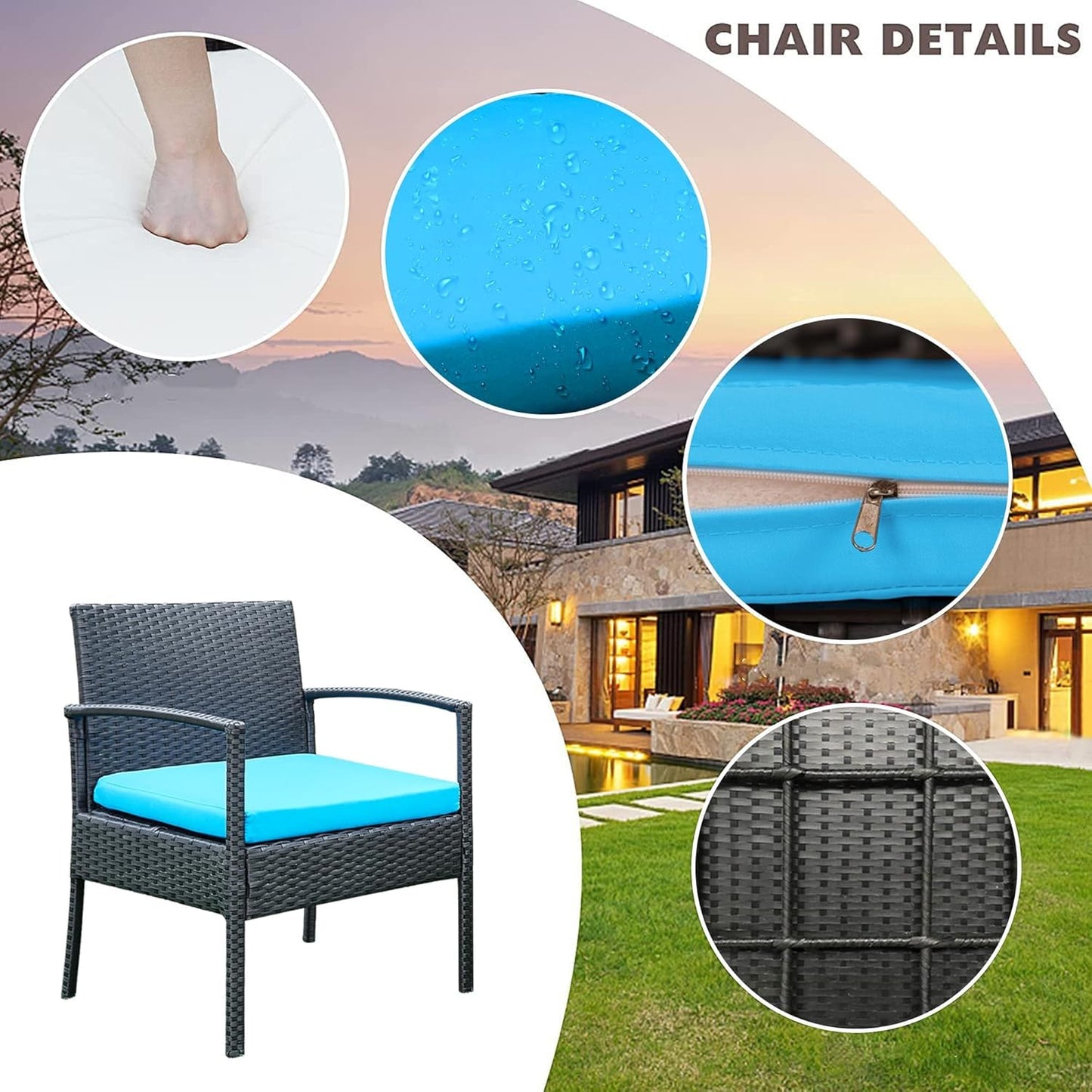 Patio Porch Furniture Set, 3 PCS Outdoor Patio Furniture with Rattan Chairs, Table, Blue Cushions for Garden Porch Balcony Yard