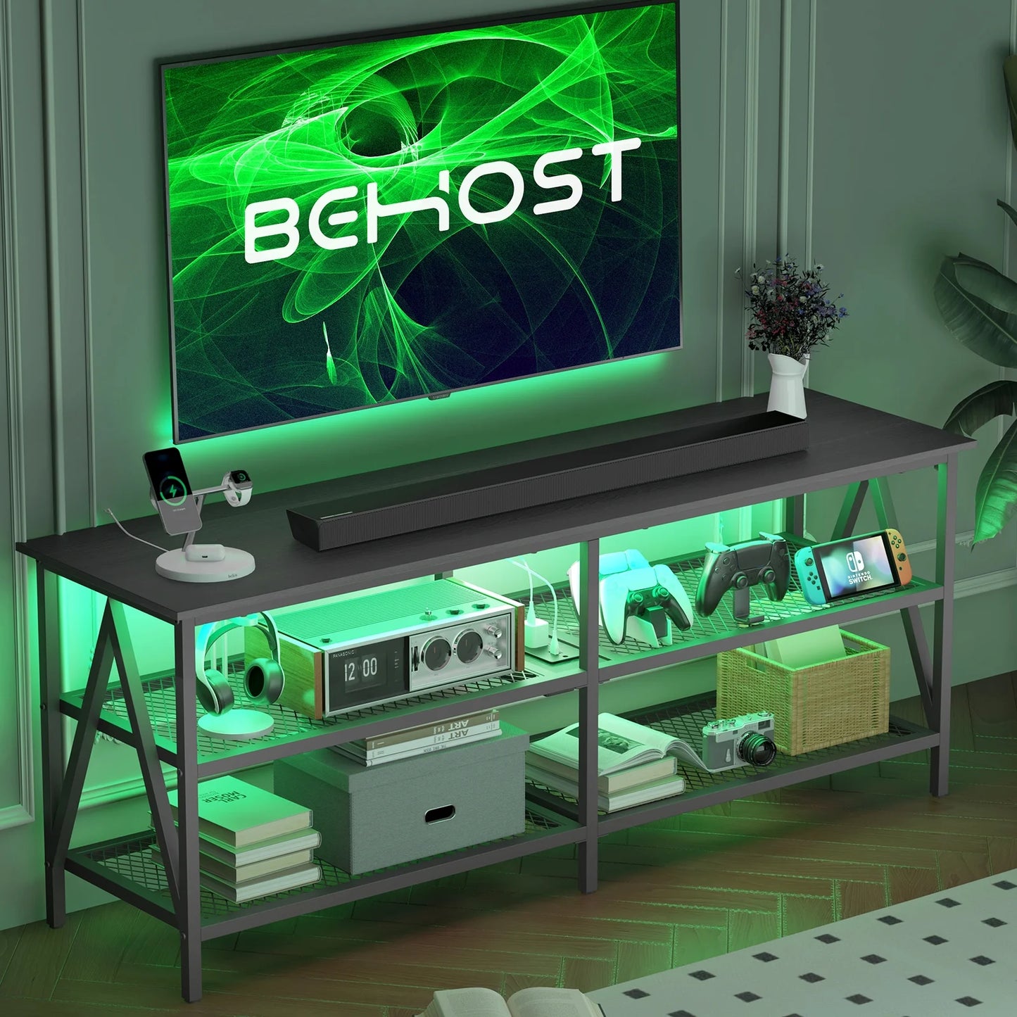 TV Stand for TV up to 65 Inches, TV Console Table with Led Lights & Power Outlets, Black