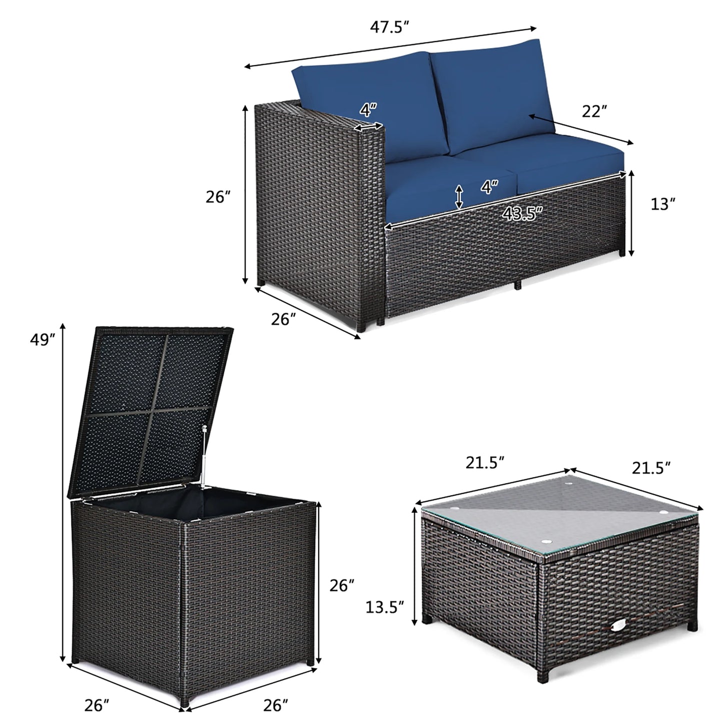 4PCS Patio Rattan Furniture Set Cushioned Loveseat Storage Table Navy