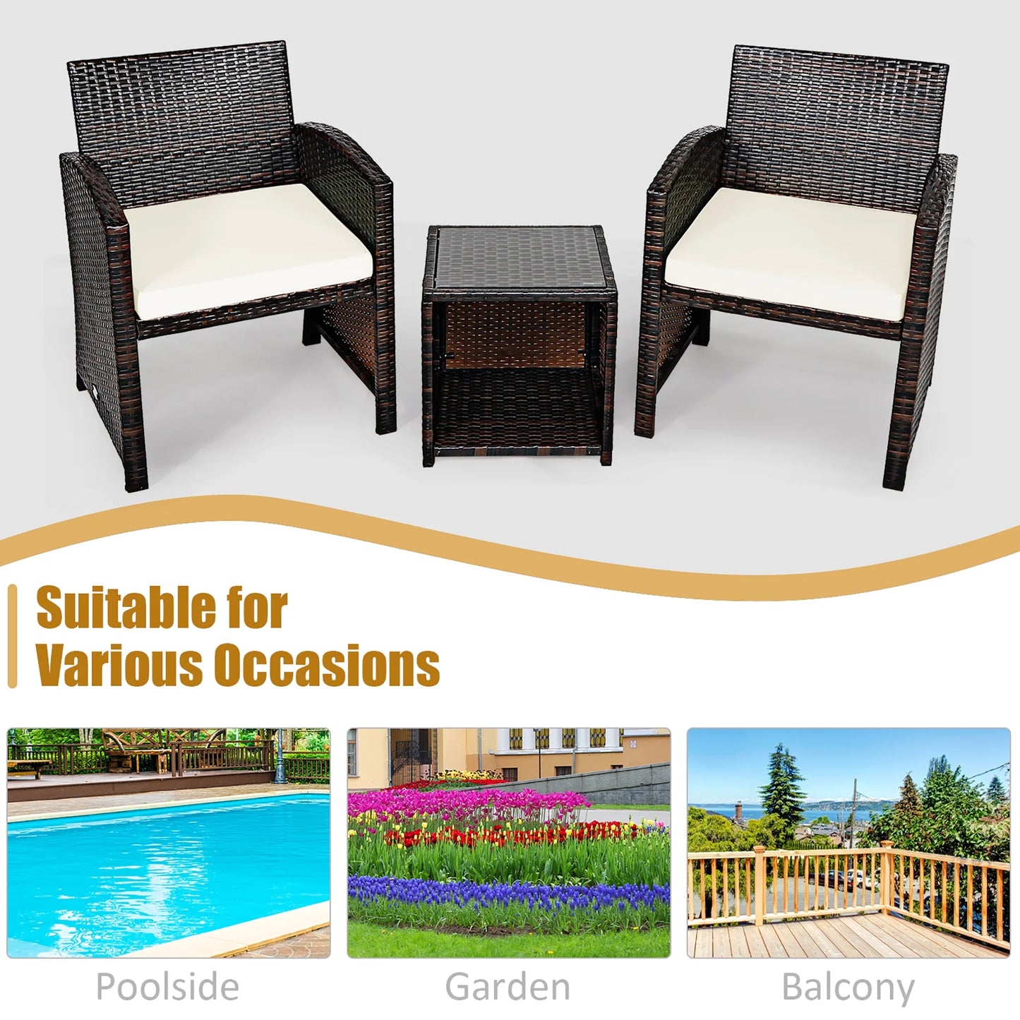 3PCS Patio Rattan Wicker Furniture Cushion Sofa Coffee Table White