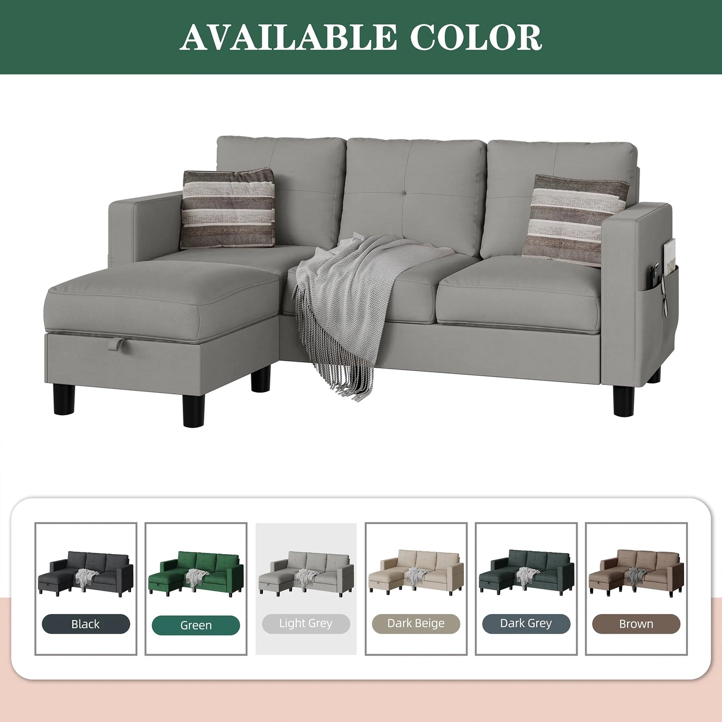 78" Convertible Sectional Sofa Couch L Shaped Couch Sofa for Living Room,Small 3 Seater Sofa Couch with Storage Ottoman and Side Pockets(Light Gray)