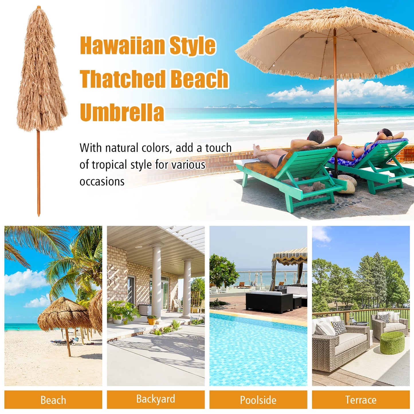 8 FT Patio Thatched Tiki Umbrella 8 Ribs Portable Hawaiian Hula Beach