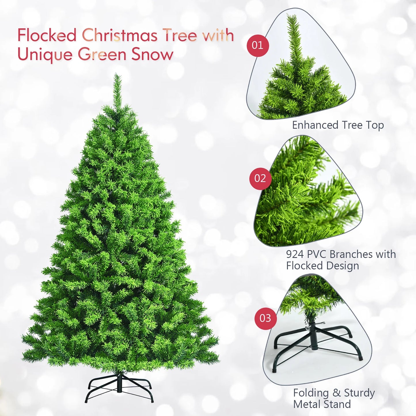 6.5Ft Green Flocked Hinged Artificial Christmas Tree W/ Metal Stand Green