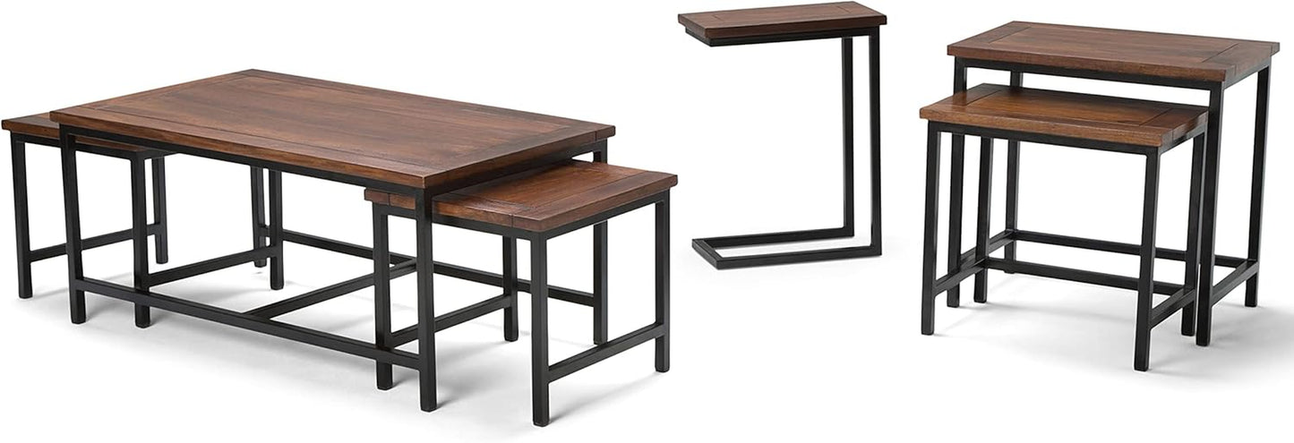 Skyler 18-Inch Wide Solid Mango/Metal Industrial C-Shaped End Table in Dark Cognac Brown/Black for Living Room, Office, or Bedroom, Assembled