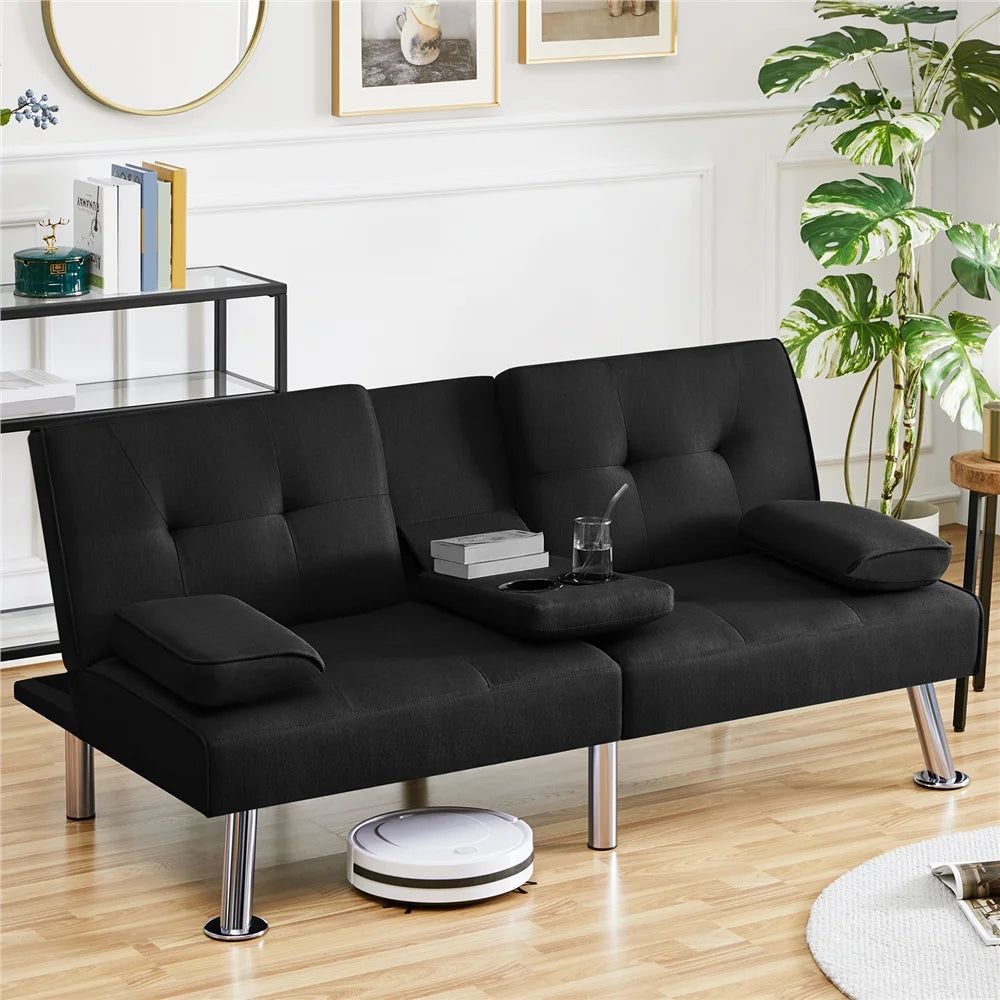 Fabric Upholstered Convertible Futon Sofa Bed with Cup Holders and Pillows, Black