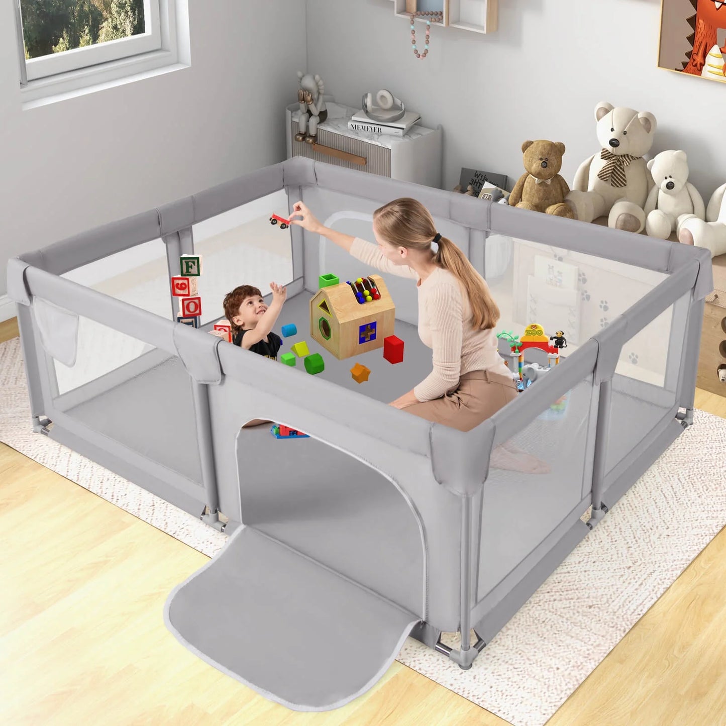 75" X 59" Large Baby Playpen with Breathable Mesh & Zipper Doors Play Yard Fence Gray