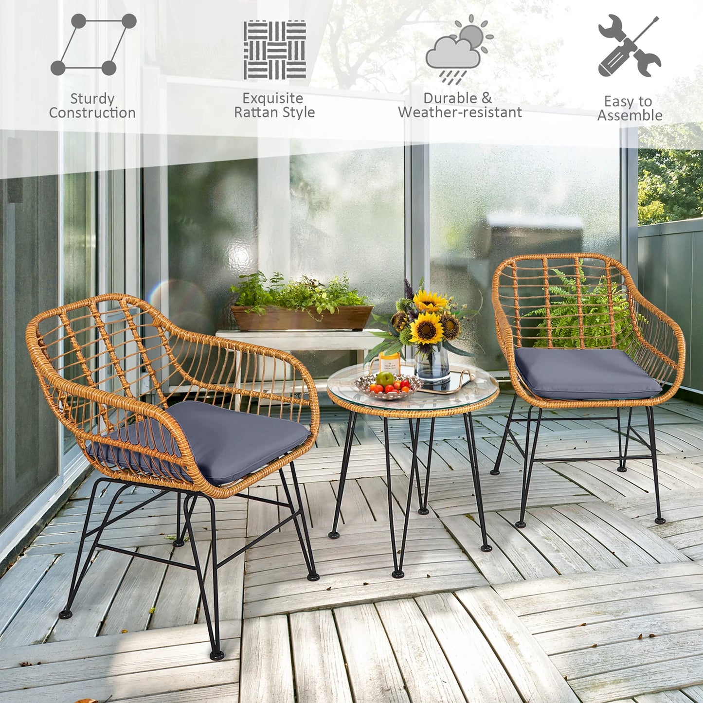 3PCS Patio Rattan Bistro Furniture Set Cushioned Chair Table Grey