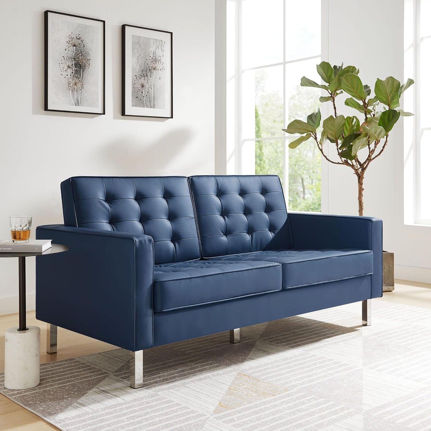 Loft Tufted Button Faux Leather Upholstered Loveseat in Silver Black